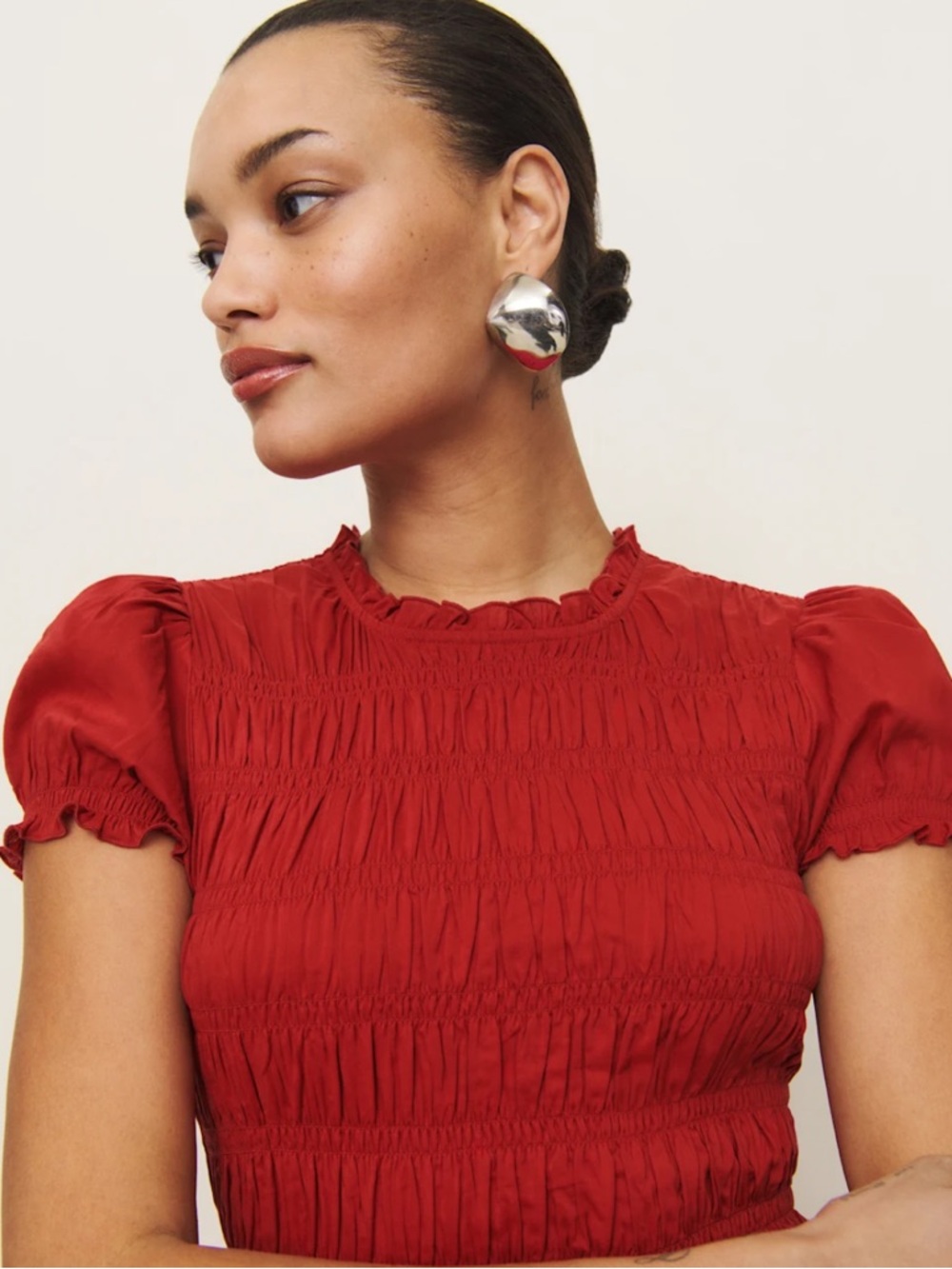 Reformation Kiria Smocked Midi Dress Red Puff Sleeve Lined Romantic Size 12 - Picture 3 of 9